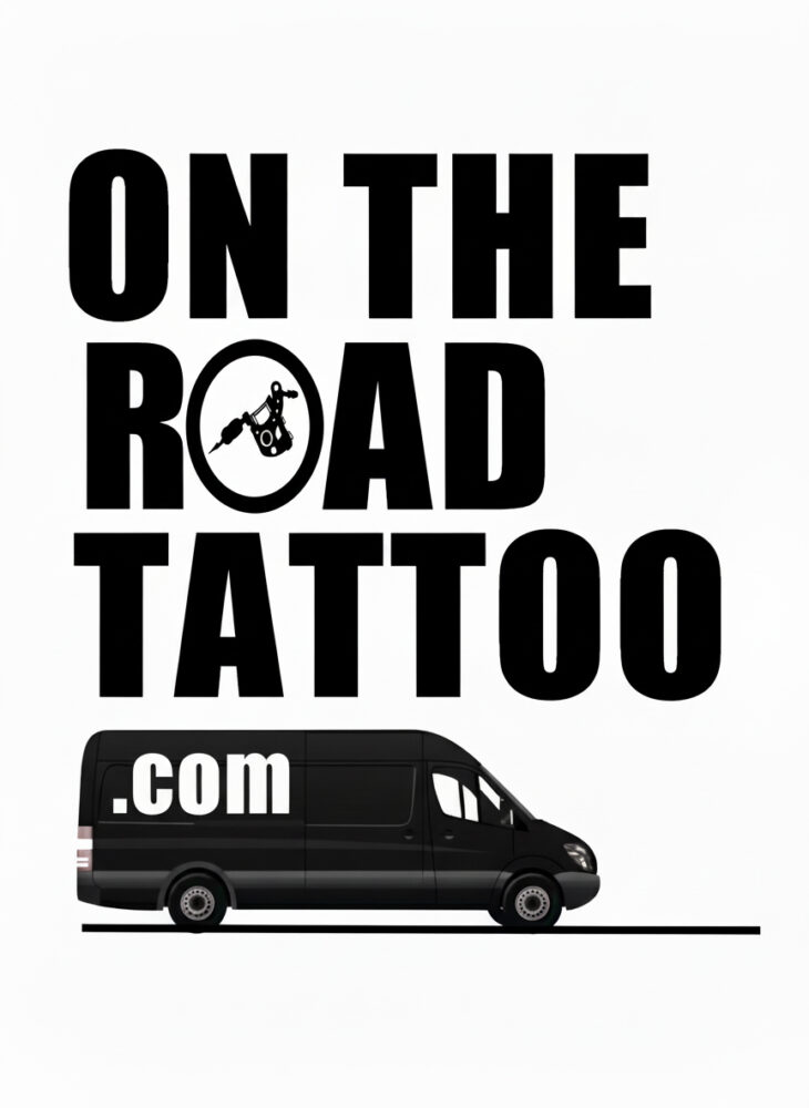 black and white logo reading on the road tattoo and featuring a coil tattoo machine and vw crafter truck