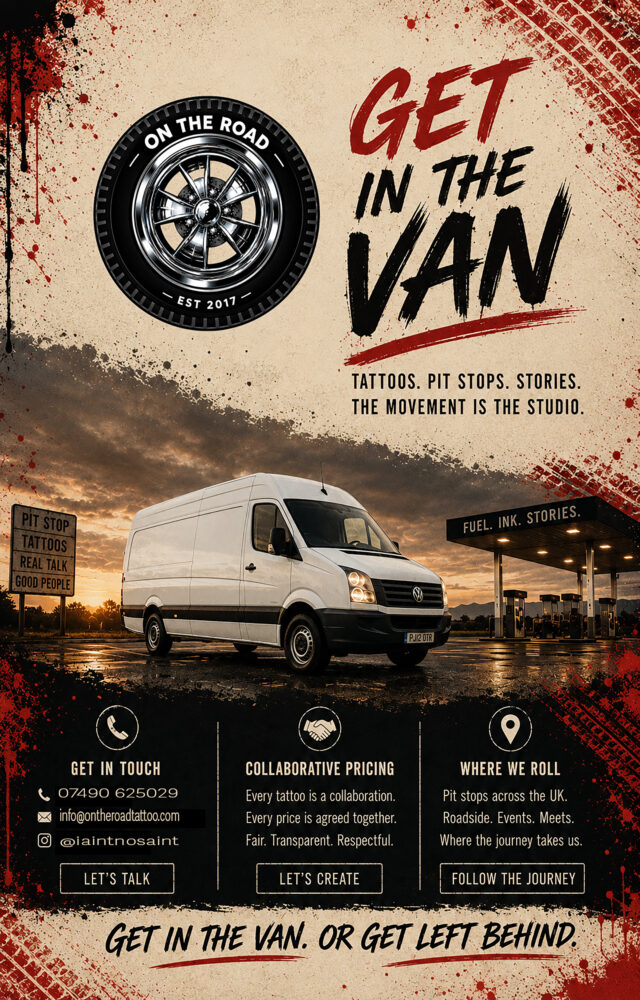 black and white logo reading on the road tattoo and featuring a coil tattoo machine and vw crafter truck